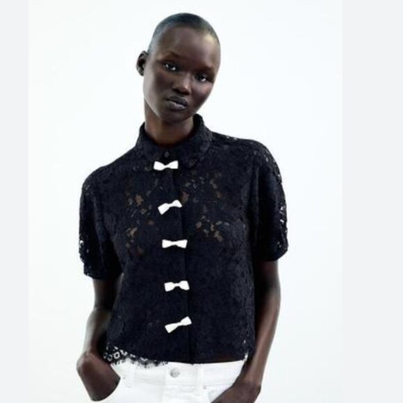 Zara Women Black Lace Top with White Bows Short Sleeve M NWT 3617/922 - Picture 3 of 11